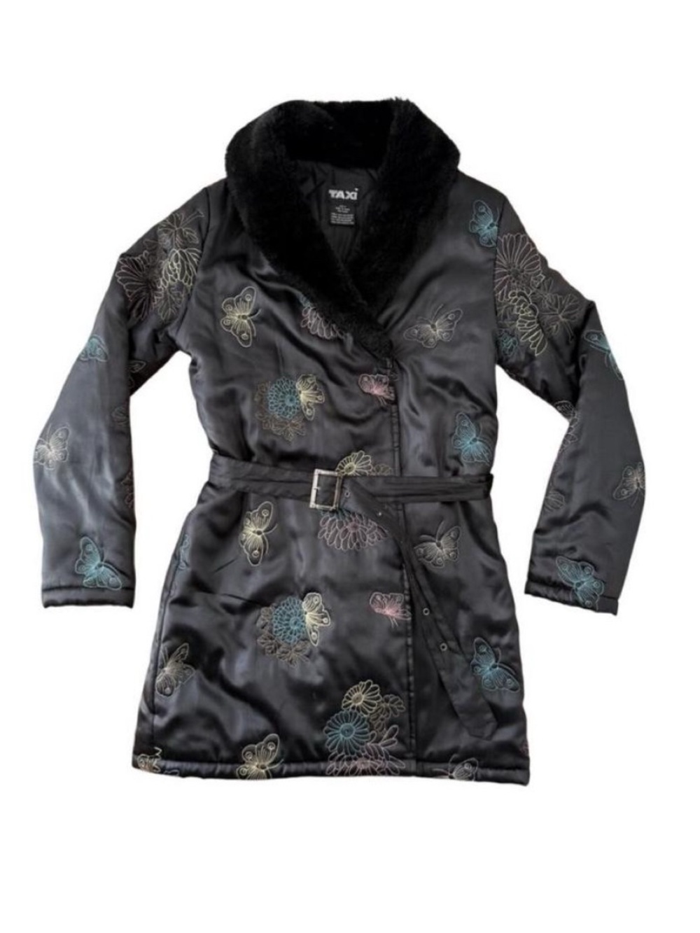 Vintage Taxi Embroidered Coat With Faux Fur Collar Long Jacket Y2K Asian Print